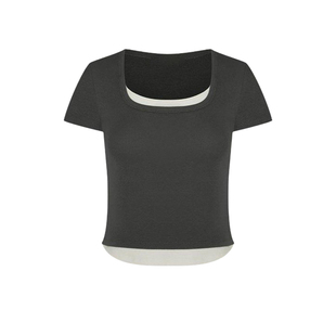 UR&DC2024夏季新款潮流休闲简约假两件显瘦圆领T恤衫女短款上衣棉