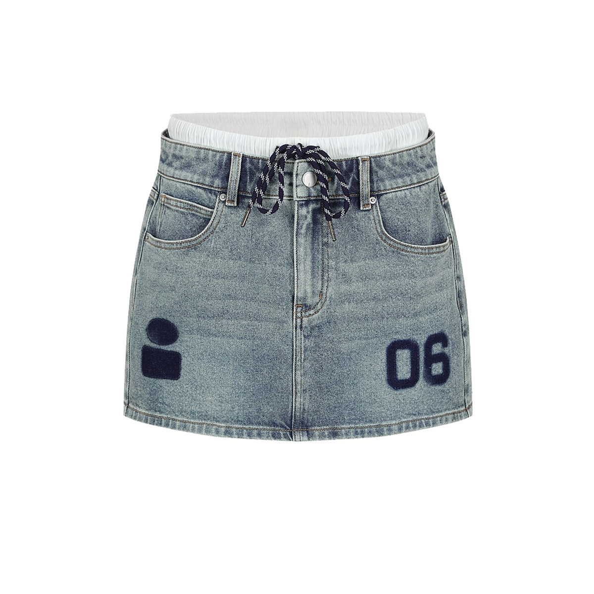 UR&DC2025春季新款潮流街头撞色数字拼接腰头系带牛仔半裙女短裙