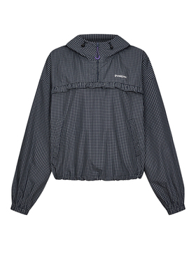 UR&DC2026春季新款都市格纹刺绣花边连帽罩衫长袖衬衫女短款上衣