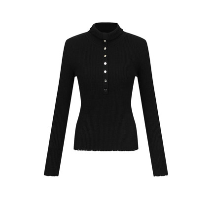 UR&DC2025冬季新款高级感气质肌理立领亮丝花边修身长袖针织衫女