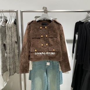 UR&DC2025秋季新款复古琥珀流光风双排扣棕色麂皮短款皮衣外套女