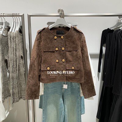 UR&DC2025秋季新款复古琥珀流光风双排扣棕色麂皮短款皮衣外套女