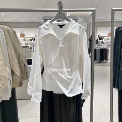 UR&DC2025秋季新款法式气质不对称褶皱收腰罩衫长袖衬衫女短上衣