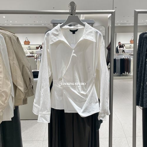 UR&DC2025秋季新款法式气质不对称褶皱收腰罩衫长袖衬衫女短上衣