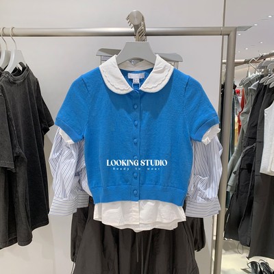 UR&DC2025秋季设计感撞色假两件拼接纽扣短袖针织开衫女短款上衣