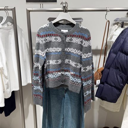 UR&DC2025冬季新款设计感复古文艺费尔岛提花短款长袖针织开衫女