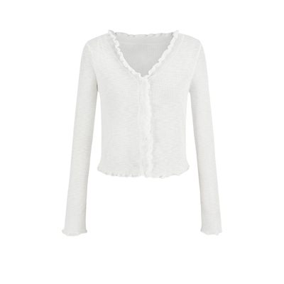 UR&DC2025春季新款法式休闲V领木耳边修身外搭长袖针织开衫女薄款