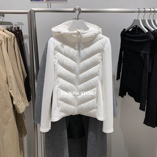 UR&DC2025冬季新款简约气质拼接绗缝连帽拉链修身短款棉服女外套