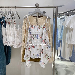 UR&DC2025秋季新款钟楚曦同款宽松休闲流苏印花白色系带吊带衫女