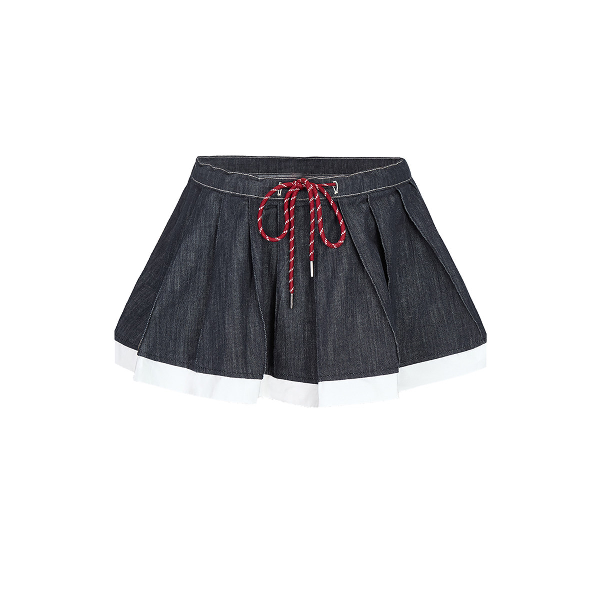 UR&DC2025夏季新款复古学院风撞色拼接抽绳A字裙牛仔半裙百褶短裙