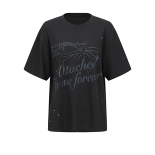 街头潮流做旧蝴蝶结印花钻饰圆领棉质短袖 T恤女 新款 UR&DC2026春季