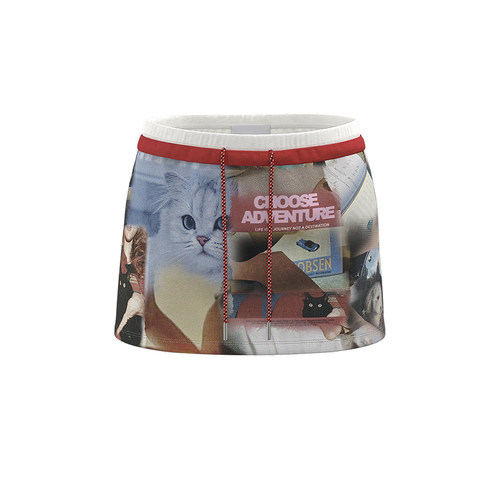 UR&DC2025夏季新款设计感趣味猫咪印花系带撞色腰头拼接半裙短裙