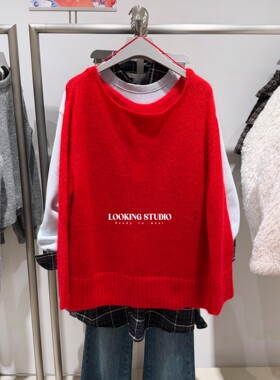UR&DC2026春季新款魅力气质简约船领大红色宽松套头长袖针织衫女