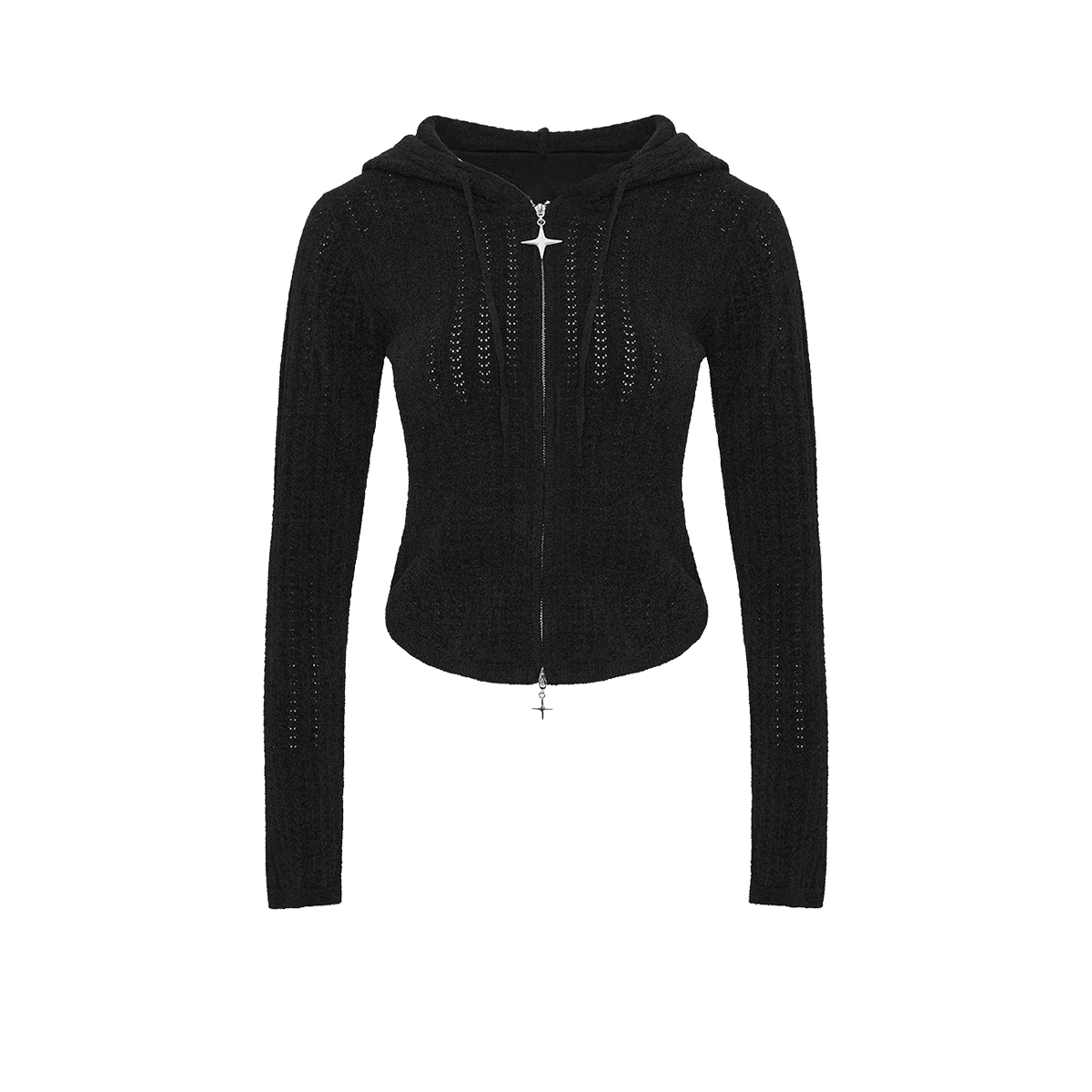 UR&DC2024秋冬新款ins潮酷双拉链抽绳连帽紧身短款长袖针织开衫女