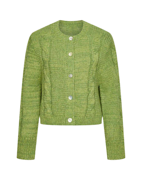 UR&DC2026春季新款绿色休闲绞花排扣圆领短款针织开衫女短款上衣