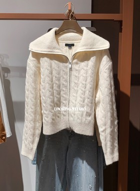 UR&DC2025冬季新款慵懒琥珀流光风翻领双拉链长袖针织开衫女上衣