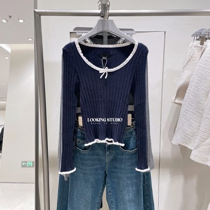 UR&DC2025秋季新款撞色木耳边圆领蝴蝶结长袖针织衫女薄短款上衣