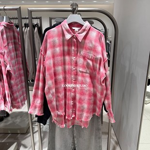 UR&DC2026春季新款浅粉色设计感潮流撞色格纹毛边开襟长袖衬衫女