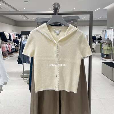 UR&DC2026春季新款航海风蕾丝海军领拼接短袖针织开衫女短款上衣