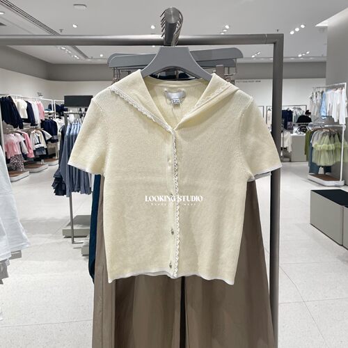 UR&DC2026春季新款航海风蕾丝海军领拼接短袖针织开衫女短款上衣