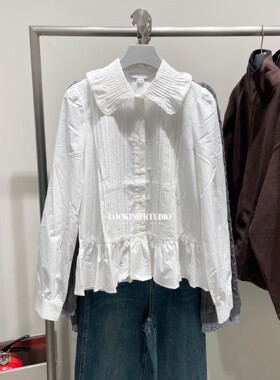 UR&DC2025秋季新款法式甜美芭蕾风娃娃领拼接蕾丝长袖开襟衬衫女