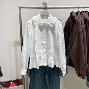 UR&DC2025秋季新款法式甜美芭蕾风娃娃领拼接蕾丝长袖开襟衬衫女