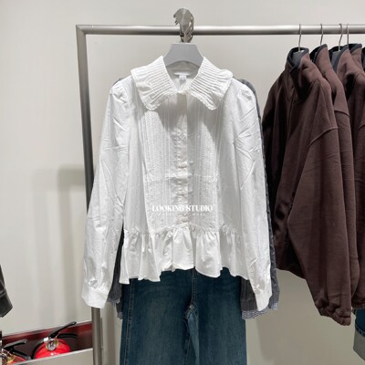 UR&DC2025秋季新款法式甜美芭蕾风娃娃领拼接蕾丝长袖开襟衬衫女
