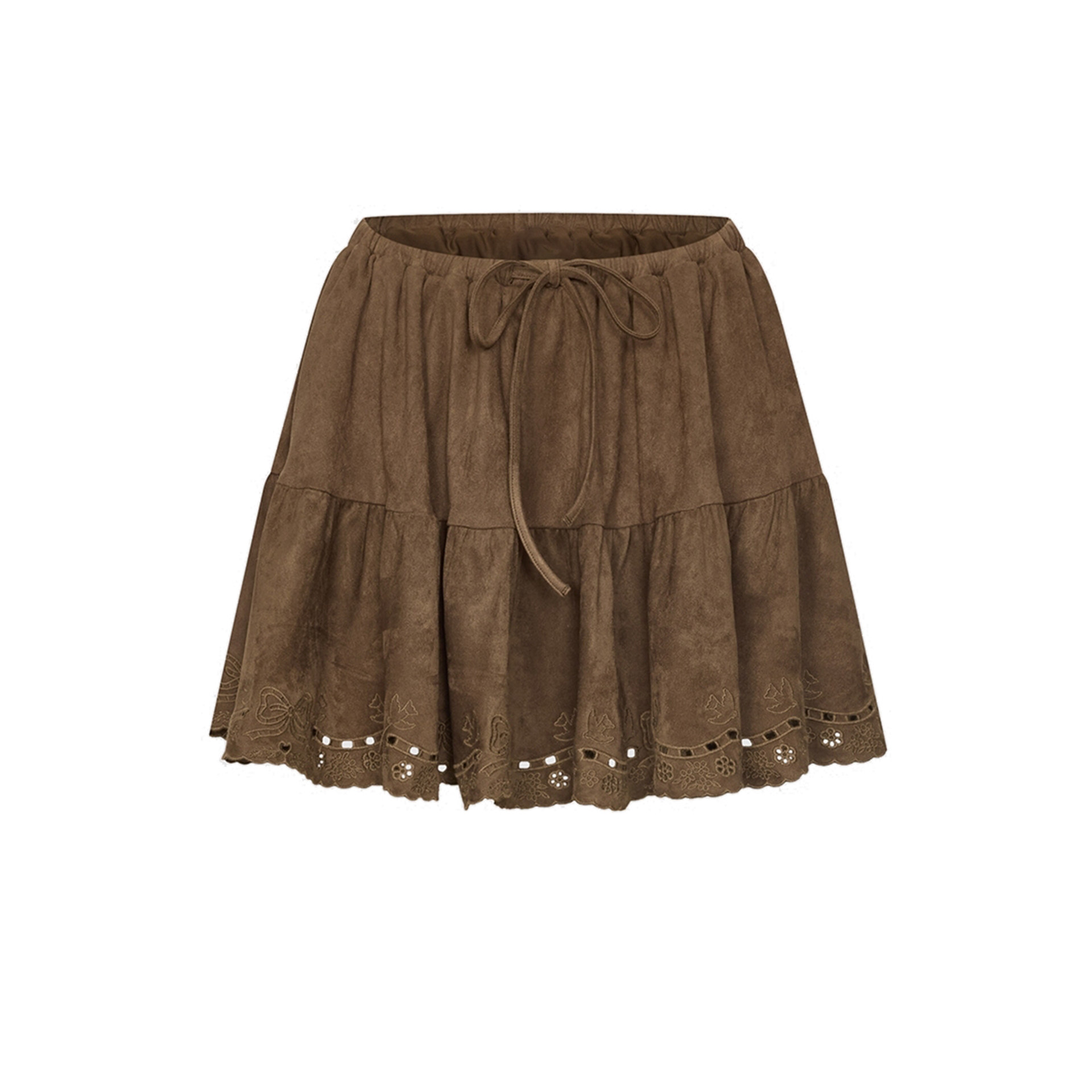 UR&DC2026夏季新款琥珀流光风系带镂空刺绣超短裙棕色高腰A字半裙