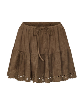 UR&DC2026夏季新款琥珀流光风系带镂空刺绣超短裙棕色高腰A字半裙