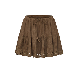 UR&DC2026夏季新款琥珀流光风系带镂空刺绣超短裙棕色高腰A字半裙