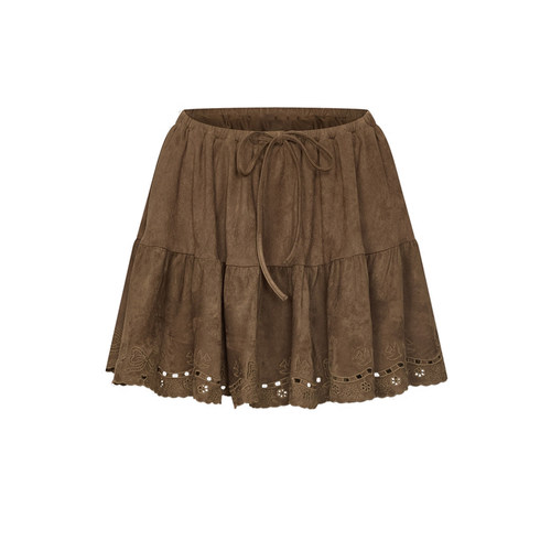 UR&DC2026夏季新款琥珀流光风系带镂空刺绣超短裙棕色高腰A字半裙