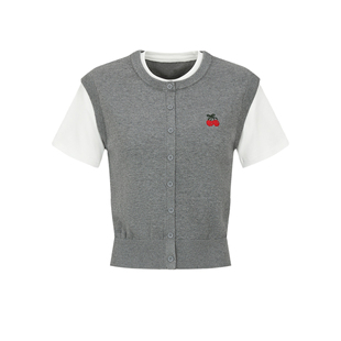 UR&DC2026春季新款撞色拼接假两件樱桃刺绣短袖针织衫女短款上衣