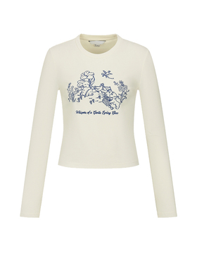 UR&DC2026春季新款粉彩风童趣萌宠印花设计圆领长袖T恤女短款上衣