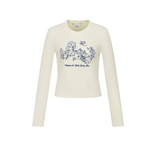 UR&DC2026春季新款粉彩风童趣萌宠印花设计圆领长袖T恤女短款上衣