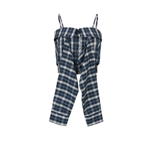 UR&DC2024秋季新款时髦设计感撞色短款格子吊带女蓝色蝴蝶结上衣