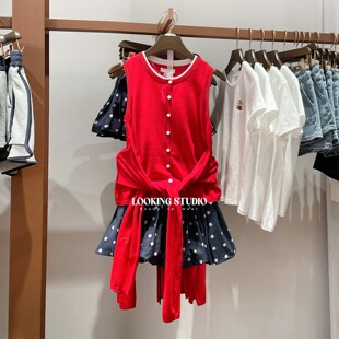 UR&DC2025夏季新款设计感撞色假两件无袖针织开衫女绑带红色上衣