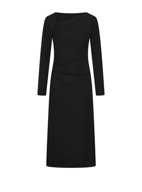 UR&DC2026春季新款设计感气质不对称领口褶皱修身显瘦连衣裙长裙