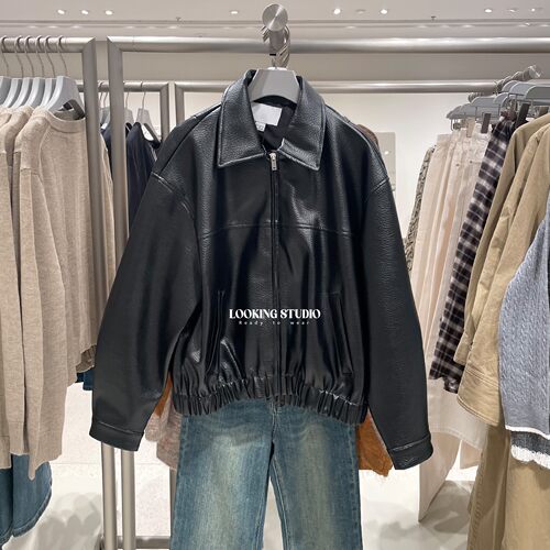 UR&DC2026春季新款复古机车风休闲荔枝纹PU皮翻领拉链短款外套女