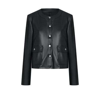 UR&DC2024秋冬新款复古气质酷飒风纽扣口袋短款PU皮衣外套女薄款