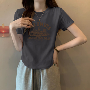 正肩修身短款上衣女夏季新款纯棉显瘦短袖圆领下摆t恤印花打底衫