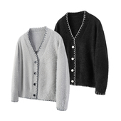 撞色针织秋冬外套百搭V领休闲款 仿貂毛手缝刺绣毛衣开衫 chute