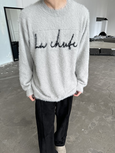 La chute浅灰色马海毛毛衣基础简约标语logo字母宽松情侣男女同款