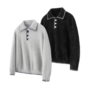 上衣男女 chute仿貂毛手缝刺绣毛衣polo秋冬短宽氛围感慵懒长袖