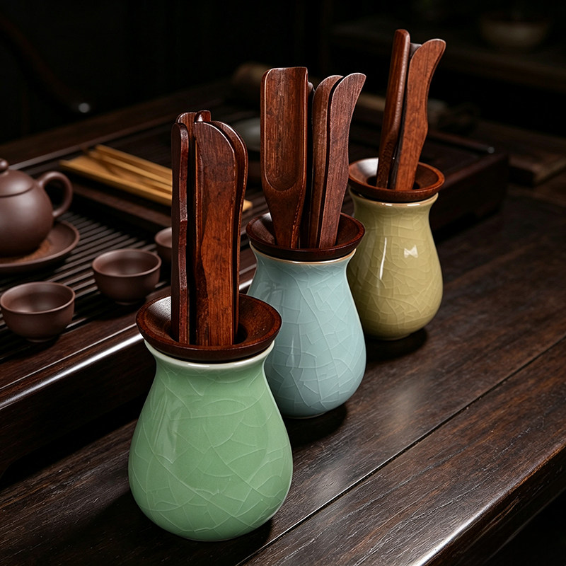 青瓷小号胡桃色茶道六君子套装图片