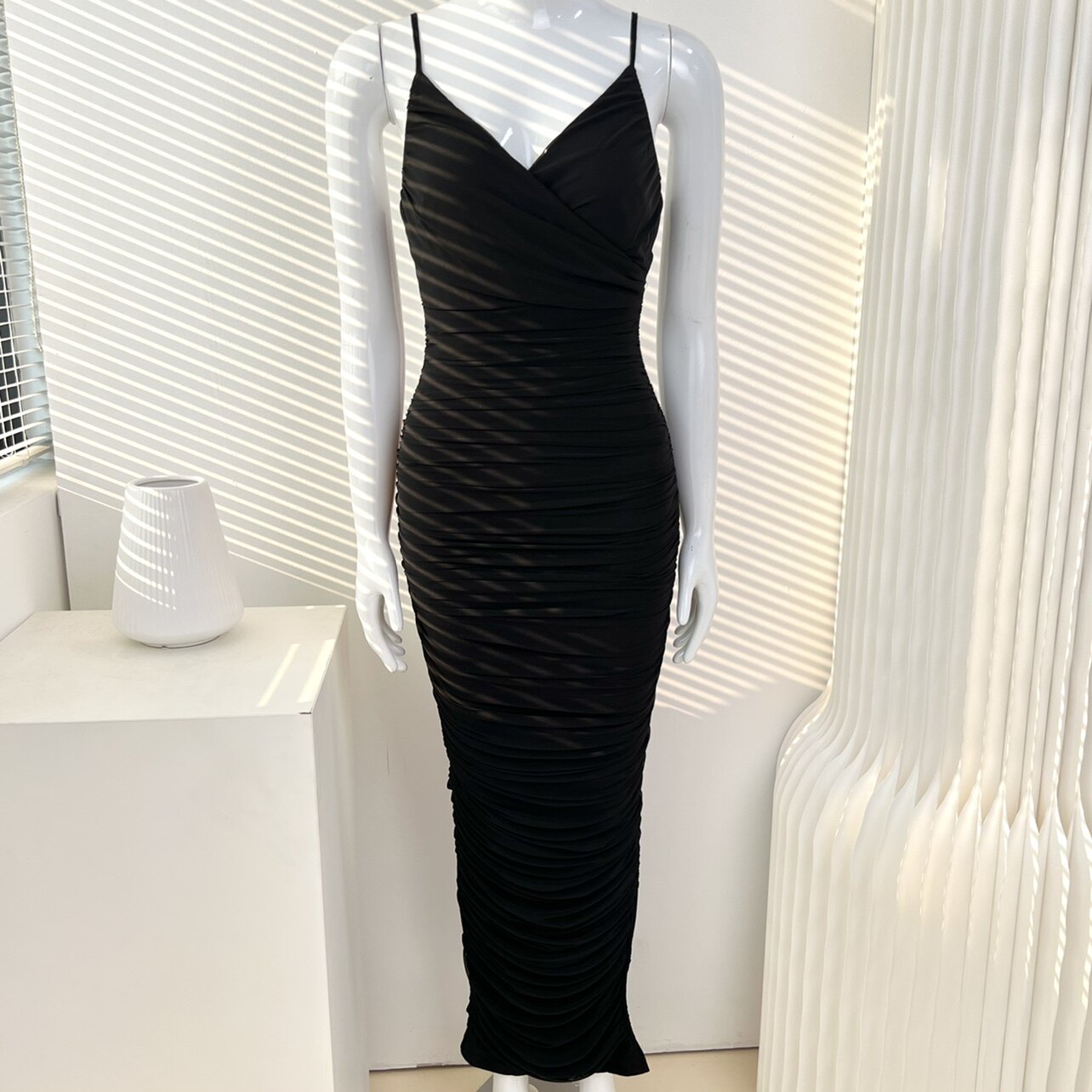 外贸原单 性感欧美深v领弹力网纱修身侧开衩包臀吊带长裙连衣裙