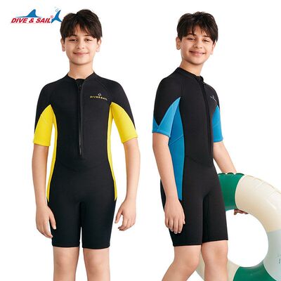 DIVE&SAIL2.5MM儿童保暖潜水服前开短袖潜水衣青少年浮潜冲浪短裤