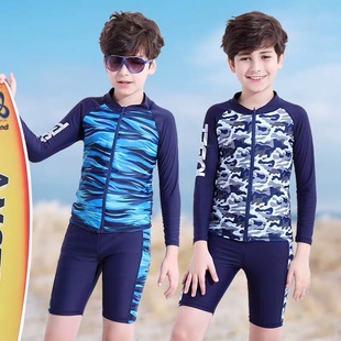 儿童分体游泳衣中大童长袖 15岁青少年泳装 防晒男孩泳裤 套装 新款