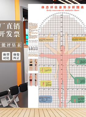 柔韧性测试多功能体态评估表健身房私教人体姿态图墙贴体测表壁画