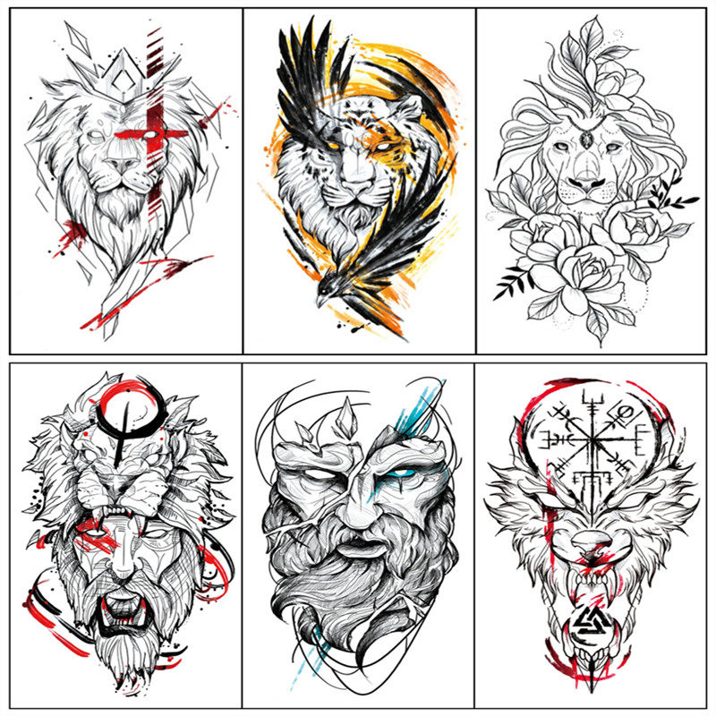 霸气狮头纹身贴防水男持久欧美人像个性线条花臂腿胸仿真刺青贴纸