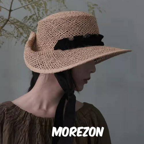 MOREZON【KREUZZZ Atelier】潮人拉菲草镂空编织黑色褶皱系带草帽
